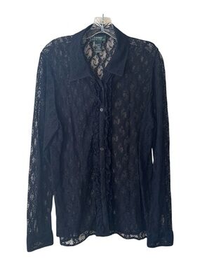 Lauren Ralph Lauren Black Sheer Lace Ruffle-Front Blouse